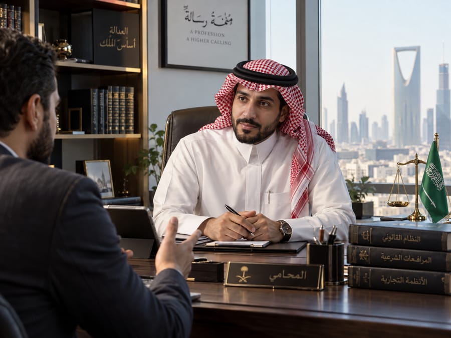 المحامي مشعل الشمري في جلسة استشارة قانونية يوضح معايير اختيار أفضل محامي في الرياض للنزاعات المعقدة