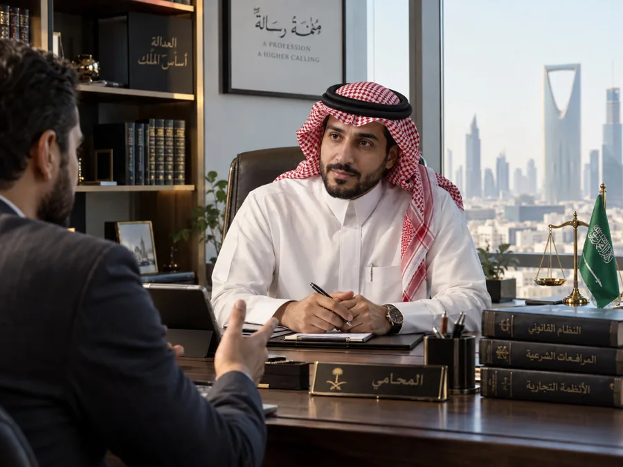 المحامي مشعل الشمري في جلسة استشارة قانونية يوضح معايير اختيار أفضل محامي في الرياض للنزاعات المعقدة