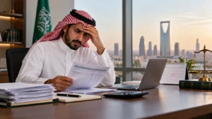 موظف سعودي يراجع كشوف الرواتب والمستندات المتعلقة بتأخر الأجور