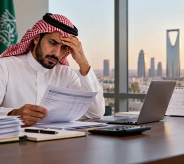 موظف سعودي يراجع كشوف الرواتب والمستندات المتعلقة بتأخر الأجور