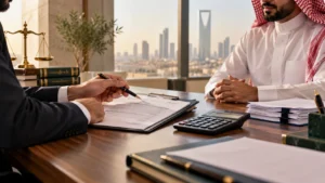 جلسة مراجعة مستحقات نهاية عقد العمل في السعودية مع مستندات وحاسبة
