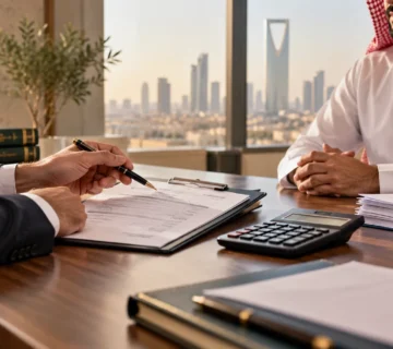 جلسة مراجعة مستحقات نهاية عقد العمل في السعودية مع مستندات وحاسبة